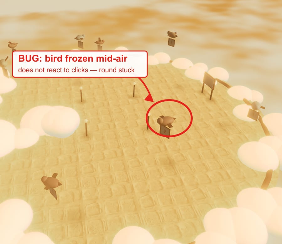 Screenshot of the arena with a red circle marking the frozen bird