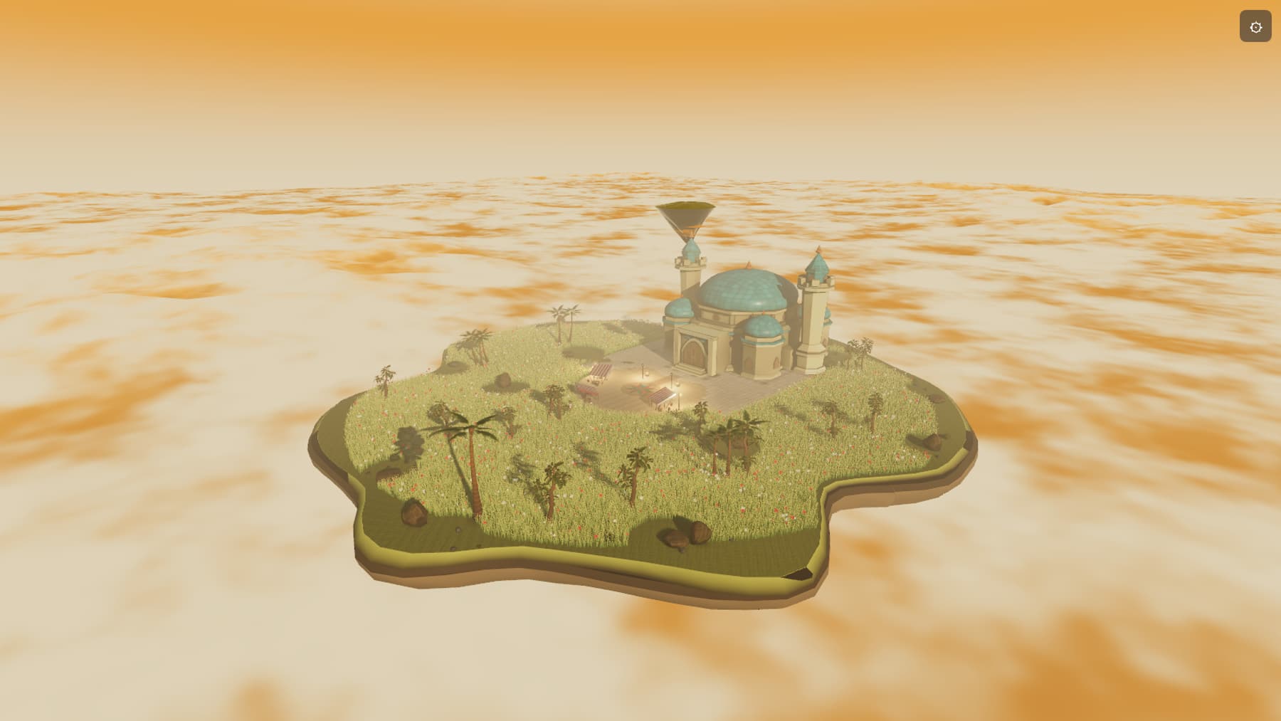 The Himmelskolen island seen from above, floating over a sea of clouds