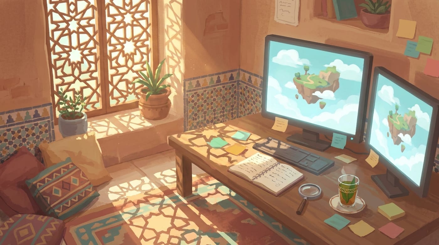 The studio workspace — a warm desk with two monitors showing the floating island