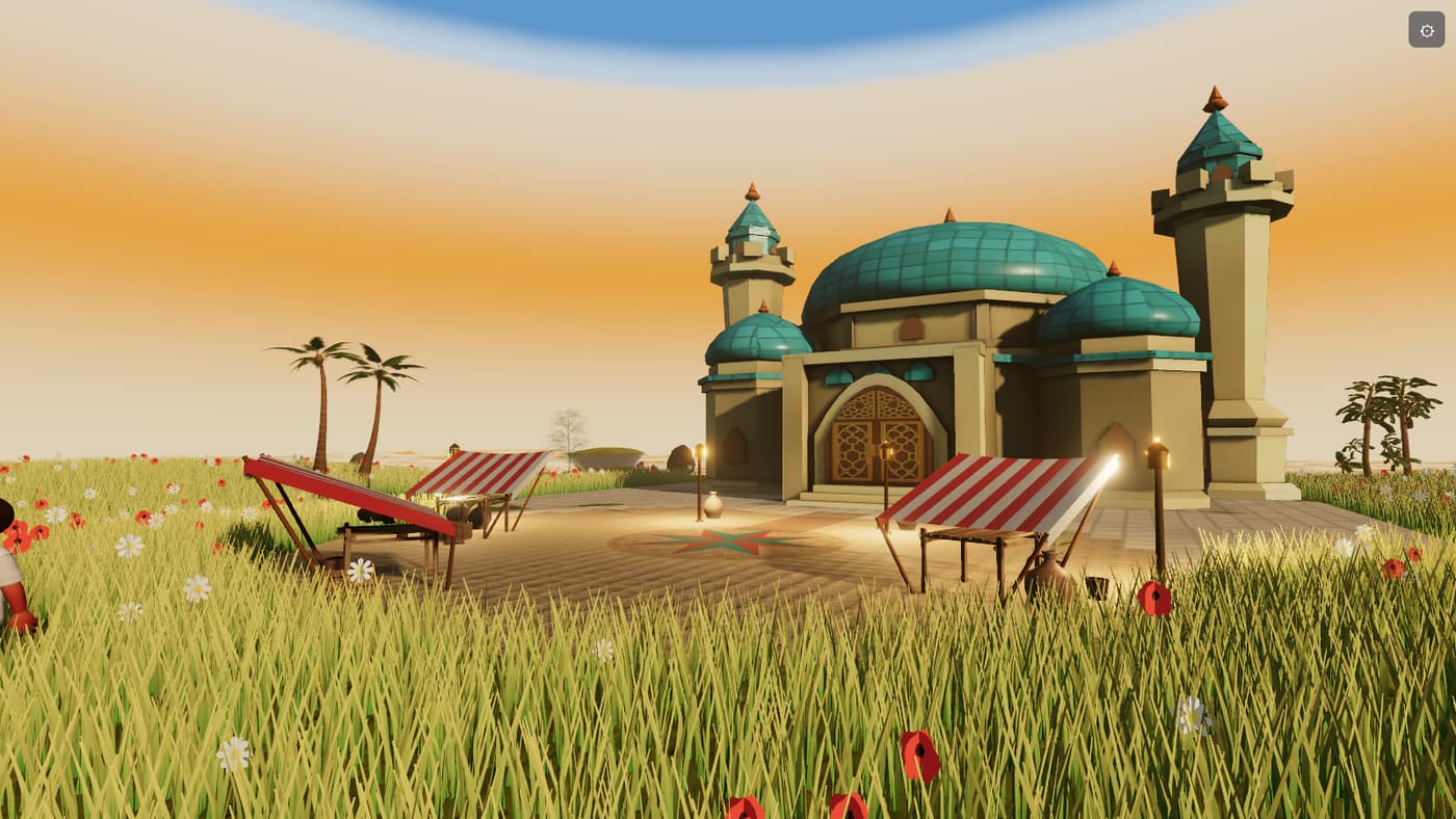 The market square in Himmelskolen with market stalls and the turquoise-domed school